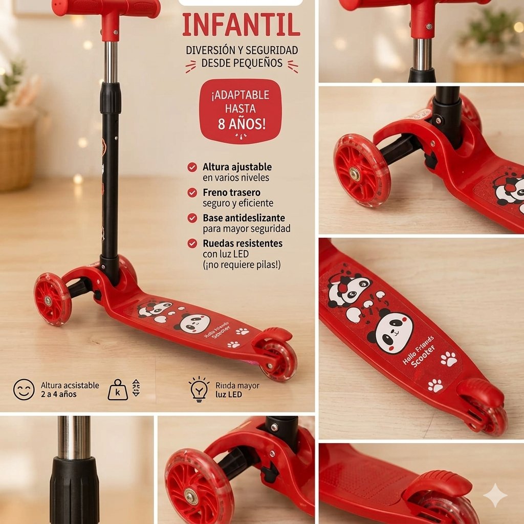 Scooter Para Niños Niñas Infantil 3 Ruedas Plegable Ajustable Con Luces LED
