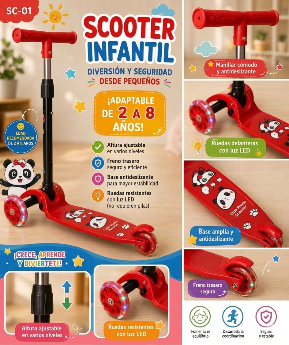 Scooter Para Niños Niñas Infantil 3 Ruedas Plegable Ajustable Con Luces LED