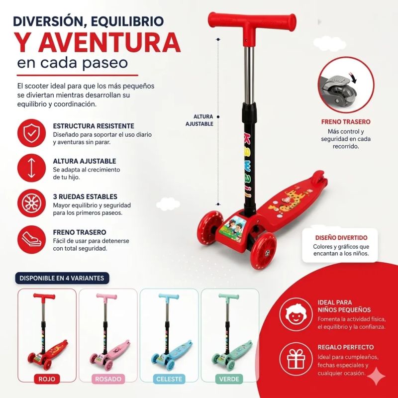 Scooter Para Niños Niñas Infantil 3 Ruedas Plegable Ajustable  Con Luces LED