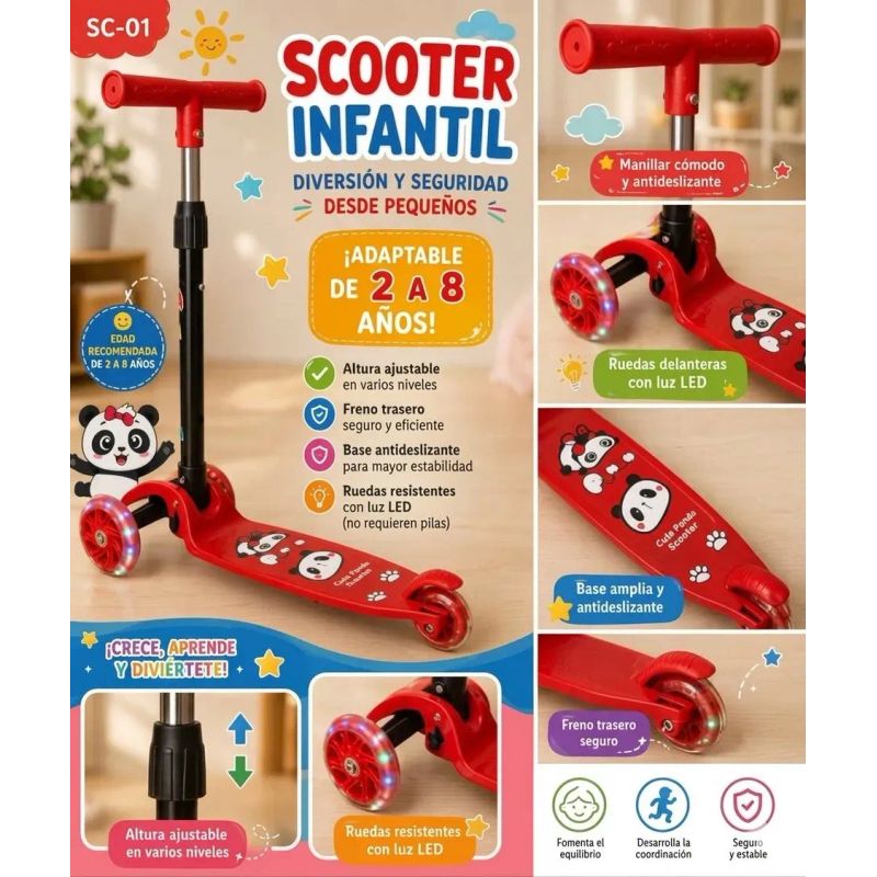 Scooter Para Niños Niñas Infantil 3 Ruedas Plegable Ajustable  Con Luces LED